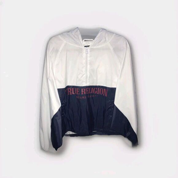 True Religion Pullover Jacket Large Oversize Block Red Blue Women Half‎ Zip - Picture 1 of 8